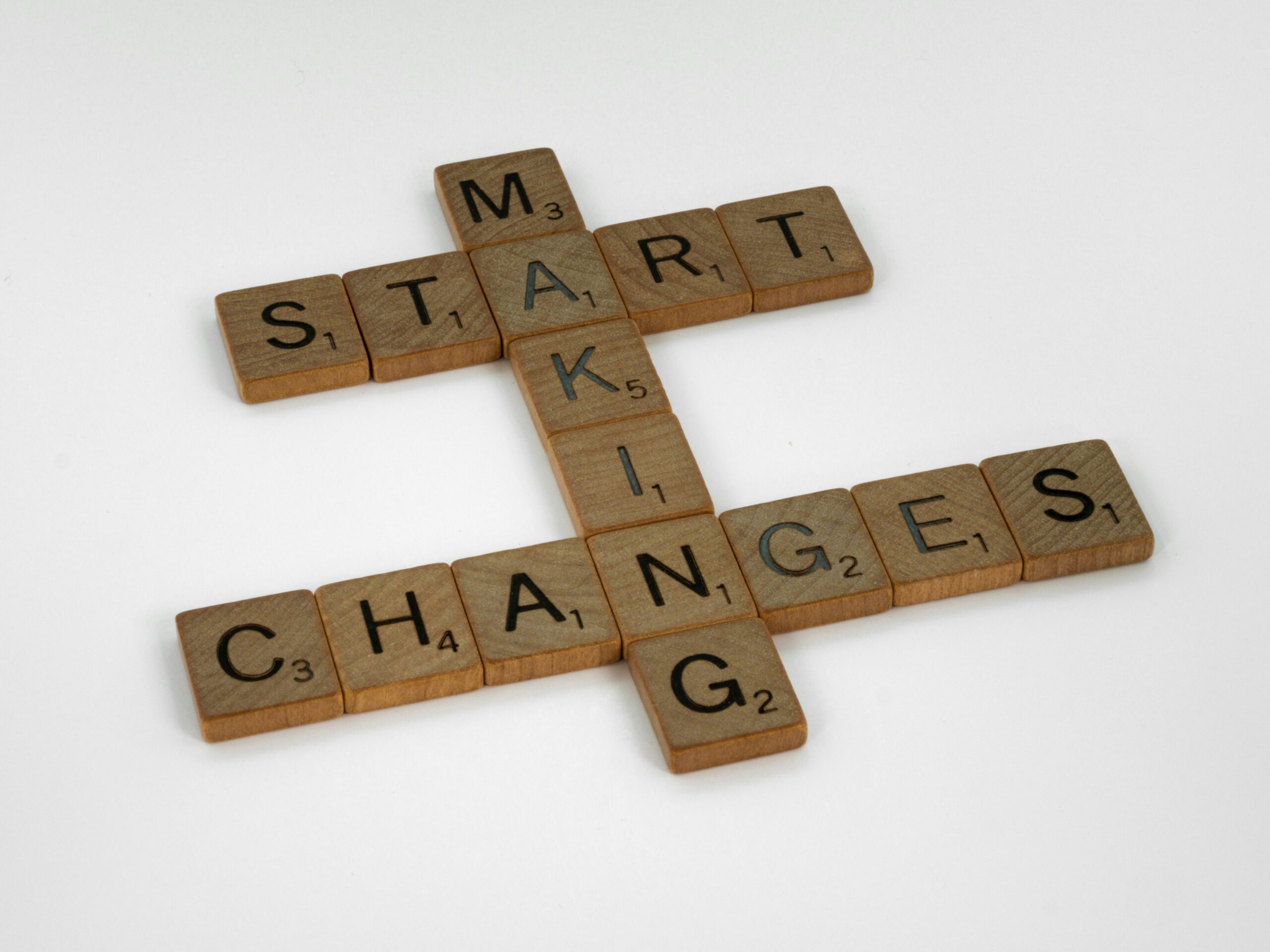 Scrabble tiles arranged to spell START MAKING CHANGES on a white background, with “MAKING” intersecting vertically with “START” and “CHANGES.”.